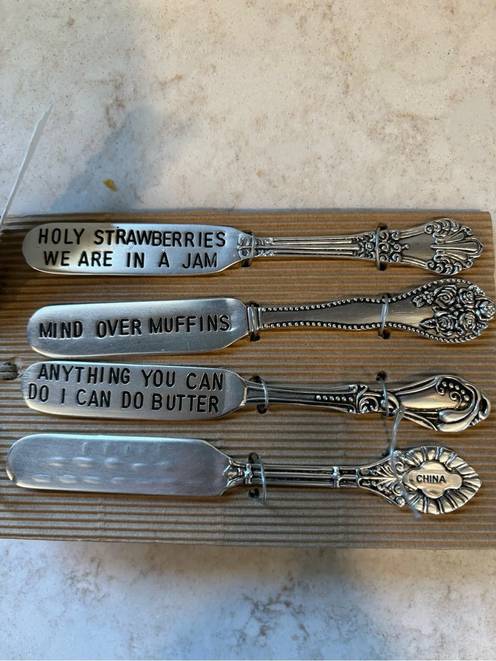 Mud Pie Silver Stamped Butter Spreader Set - 4 Decorative Fun Handles. NEW!